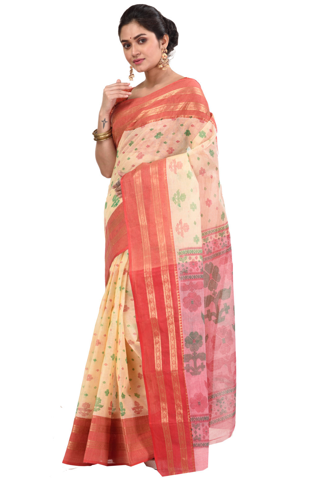 Red Pure Cotton FullBall Print Tant Saree Print (434)